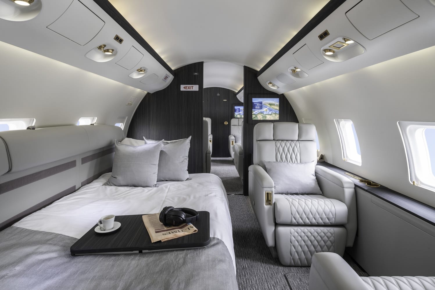 Long-range private jet cabin with bed, leather seating and ambient lighting